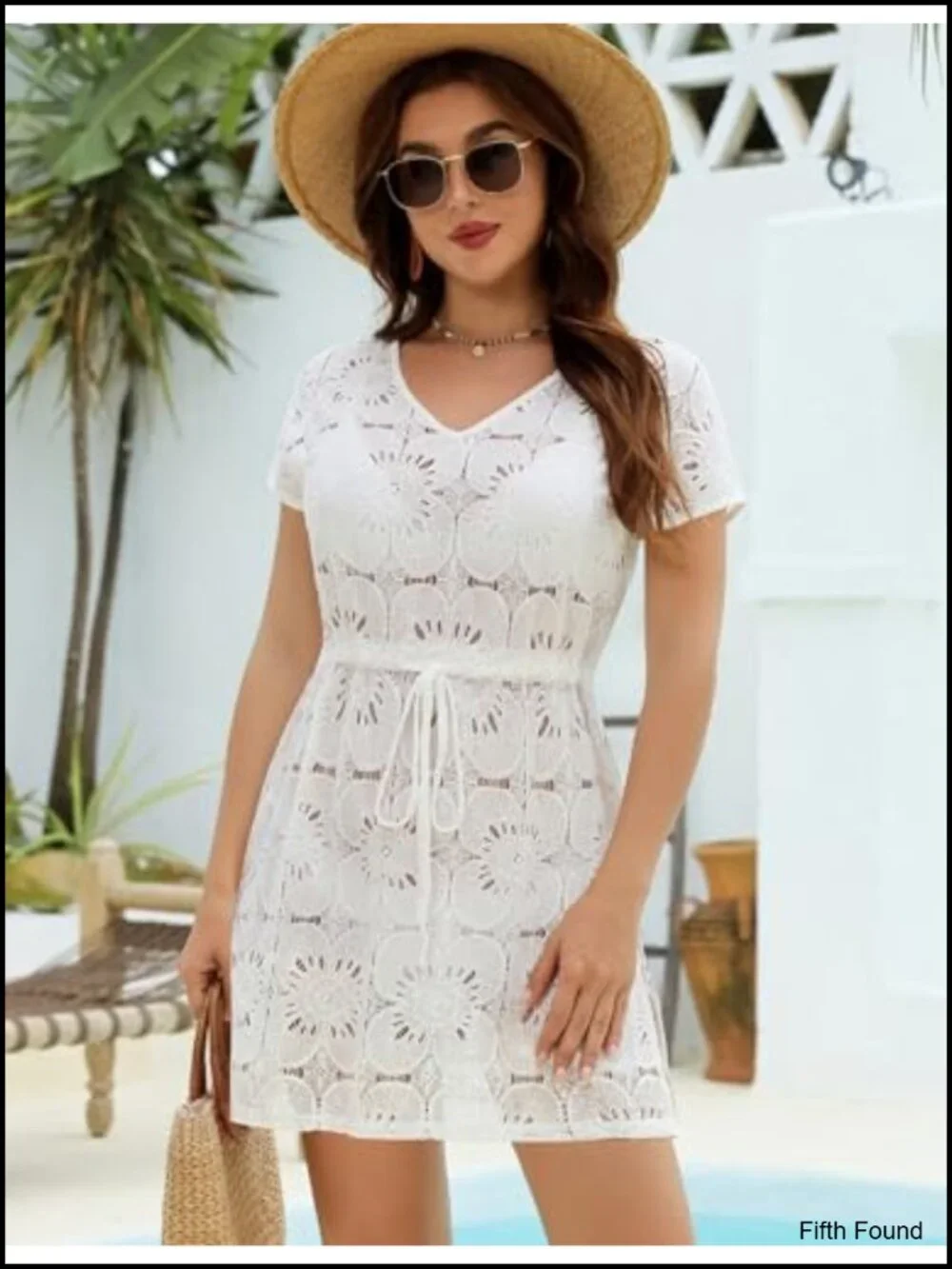 Women Lace Eyelet Swimsuit Cover Up Dress Short Sleeve Beach Boho